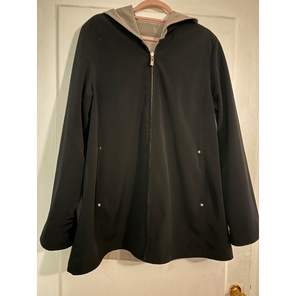 Fleet Street Reversible Hooded Rain Jacket Womens Medium Black Grey Zip Up Coat